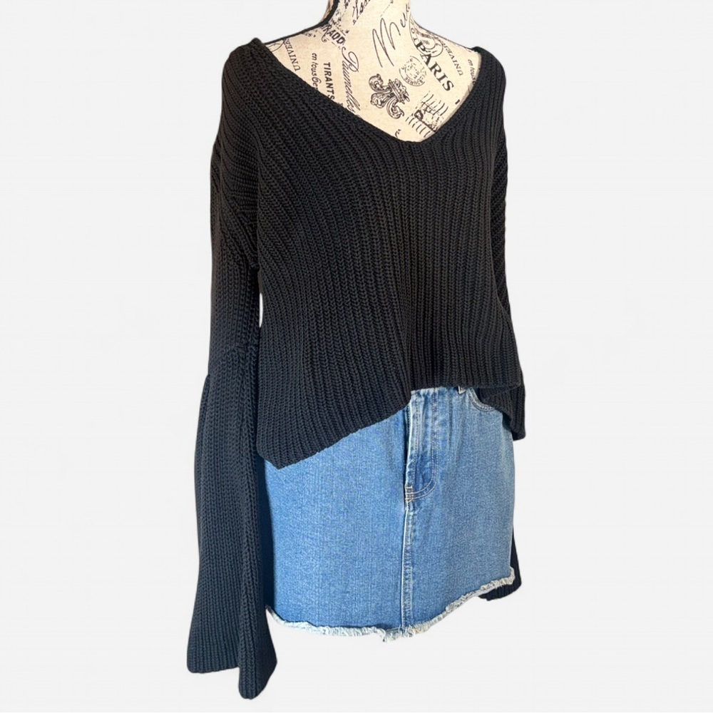 Free People Black Knit Bell Sleeve Sweater with Deep V Neck